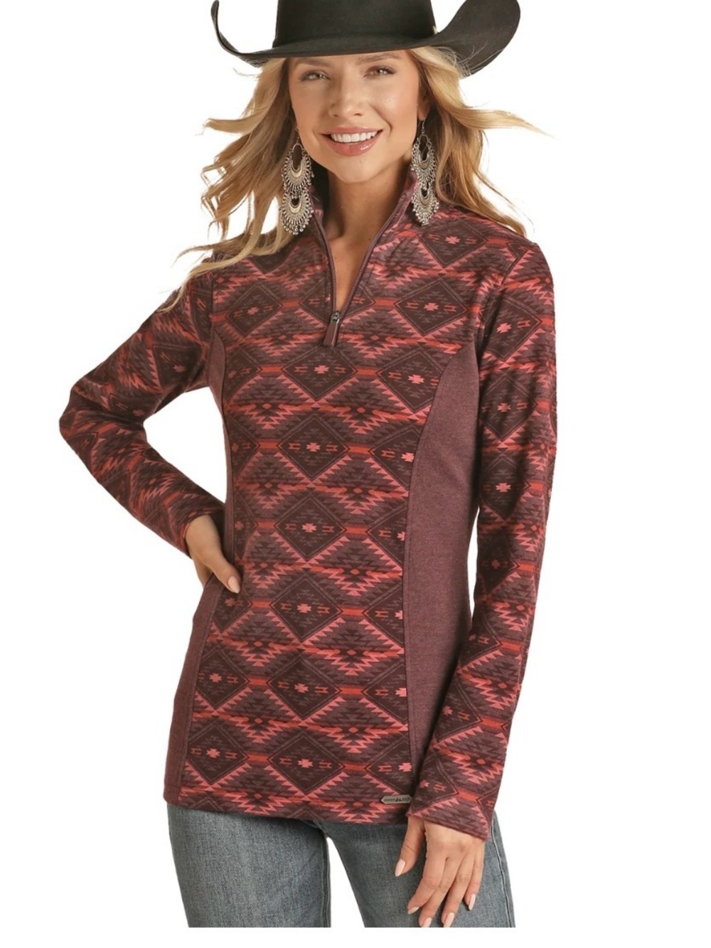 Panhandle Ladies Burgundy Aztec Knit Quarter Zip Pullover. XL